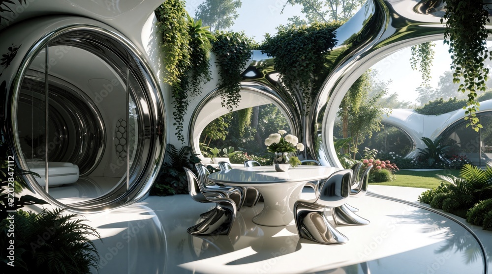 Fototapeta premium Futuristic home terrace with chrome chairs and table set in lush garden. Modern organic architecture design offers stunning outdoor space for relaxation and alfresco dining.