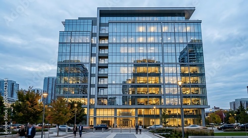 Modern glass office building architecture photo in urban commercial district at dusk