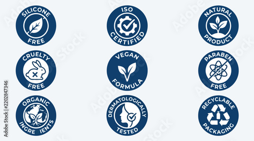 Set of blue circular product certification and safety icons.
