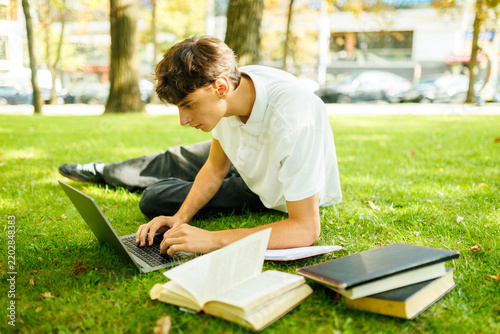 Attentive caucasian learner working on a computer lying on the grass.