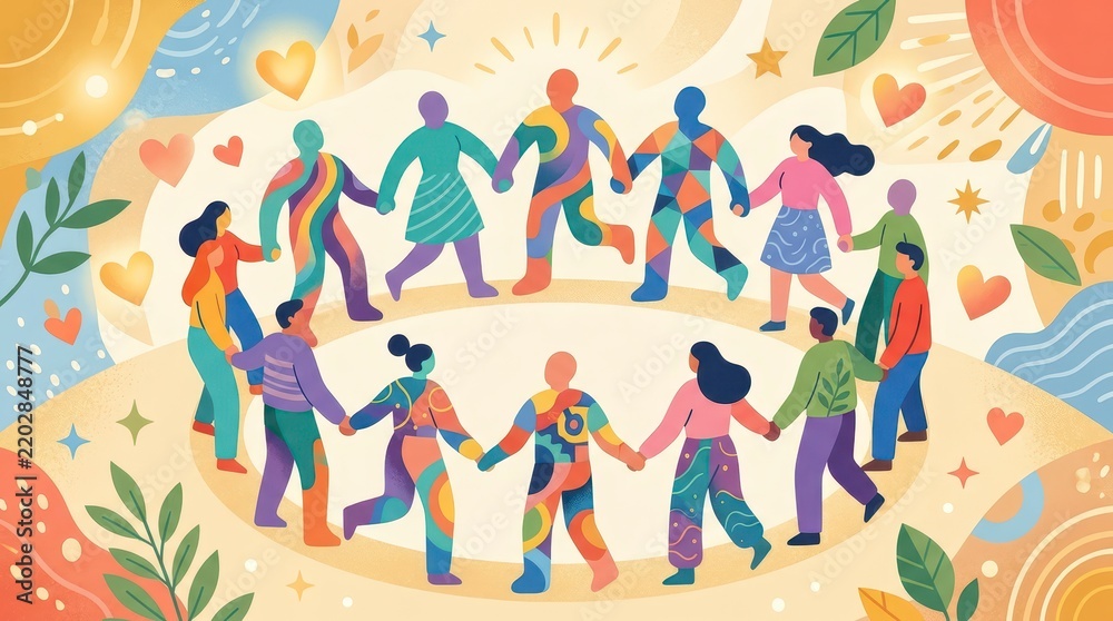 Obraz premium Abstract Illustration of Diverse Figures Holding Hands in a Circle of Unity and Love with Colorful Background Elements