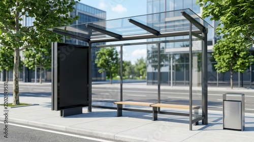 Modern Urban Bus Stop Shelter Design Featuring Glass Canopy and Wooden Bench in Cityscape with Lush Green Trees