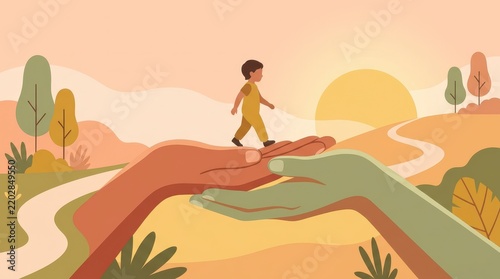 Hands Forming a Bridge Supporting a Child Walking at Sunset in a Warm and Colorful Landscape