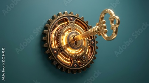 Golden Key Unlocking A Glowing Gear Mechanism On A Wall With Intricate Design Elements And Striking Lighting Effects