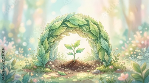 Leaf Shield Protecting Seedling in a Sunlit Forest with Soft Natural Light and Delicate Flora Surrounding