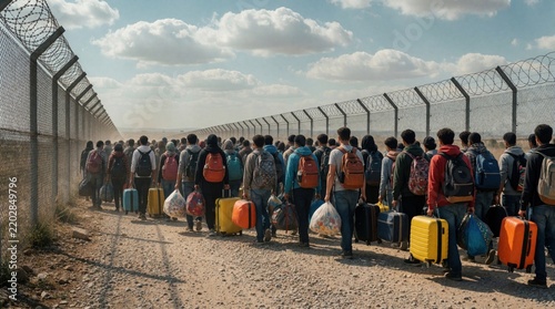 Large group of refugees with luggage walks along border fence. People carrying backpacks and suitcases hope for safety and better life. They seek shelter and new beginnings.