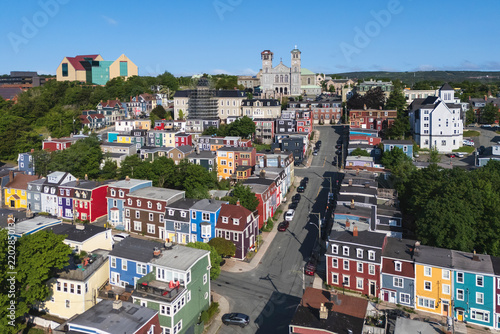 Jelly Bean Row colorful houses and church in st john's, Newfoundland