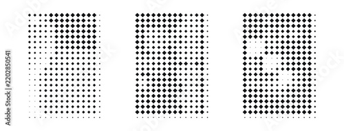 Gradient diamond dot patterns. Rhombus halftone shapes in monochrome. Geometric black and white texture trio for posters, fashion prints, packaging, banners and cover design.