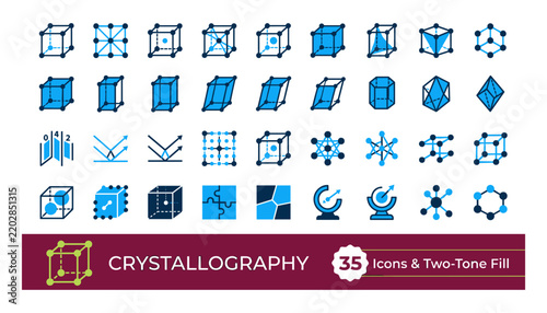 Obraz na plátně Set of 35 crystallography icons illustrating crystal structures and lattice syst
