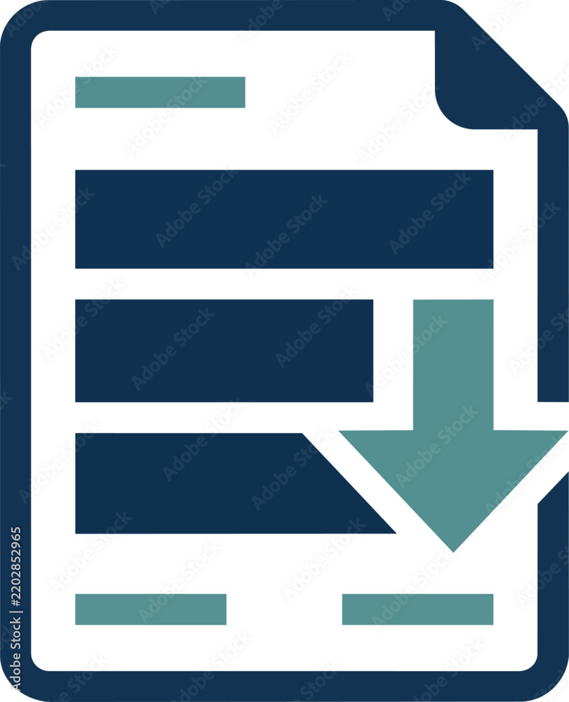 Fototapeta premium Minimalist flat icon of a document with a downward arrow representing file download or data transfer, featuring a professional navy blue and teal color palette on a clean white background.