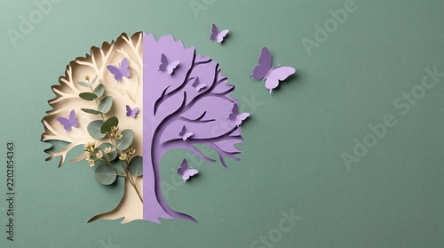 Papercraft tree with lavender butterflies and eucalyptus during soft light symbolizing transformation