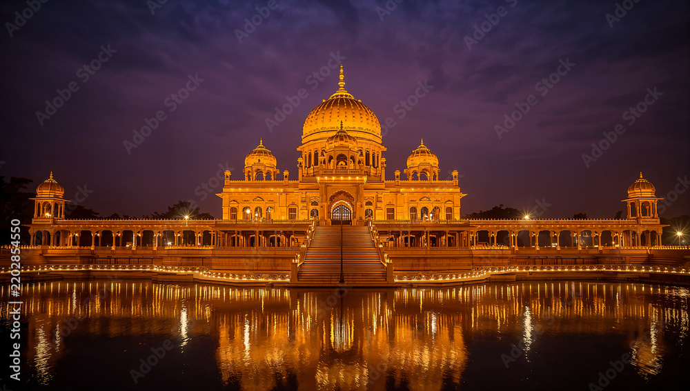 Fototapeta premium Grand illuminated temple structure reflected in calm water at dusk