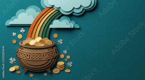 Pot of gold overflowing with coins during a rainbow with clouds and shamrocks