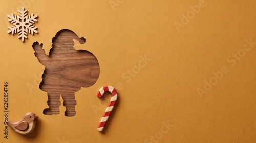 Santa silhouette cutout with snowflake candy cane and bird on warm backdrop