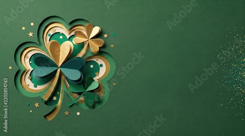 Shamrock layered papercraft with gold accents on green background