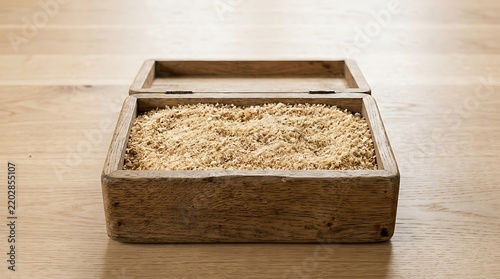 Wooden box filled with sawdust shavings on a wooden surface, top view