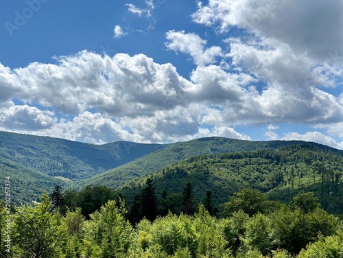 Lush green forested mountain slopes and rolling hills under dramatic clouds