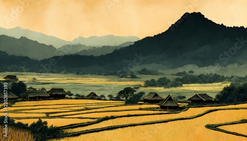 Ukiyo-e style rice fields and thatched farmhouses below a mountain