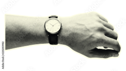 Retro halftone wristwatch on hand collage art with vintage style. Vector illustration.