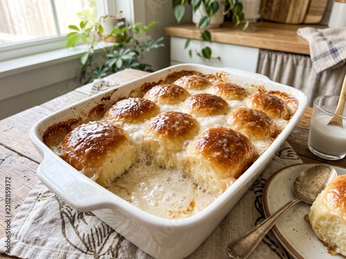 Freshly baked Samoan coconut buns pani popo swimming in sweet coconut sauce in a baking dish