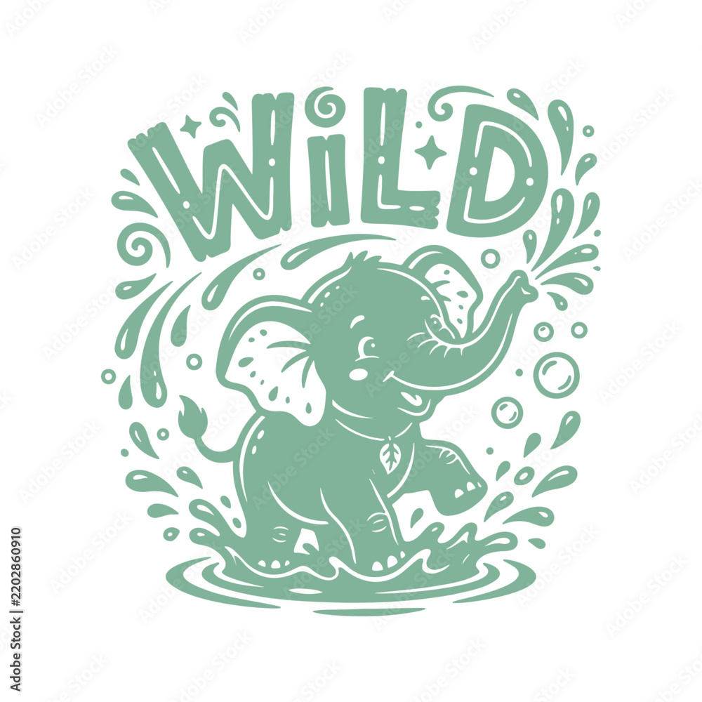 Obraz premium Cute Baby Elephant Playing in Water Wild Typography Vector Print