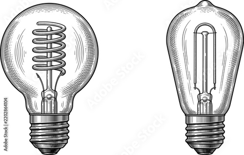 Vintage edison light bulb engraving vectors showing intricate spiral glowing filament details for retro industrial design concepts