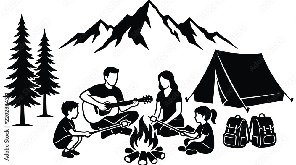 Fototapeta premium Happy family camping together outdoors with a guitar near bonfire and tent in black white style
