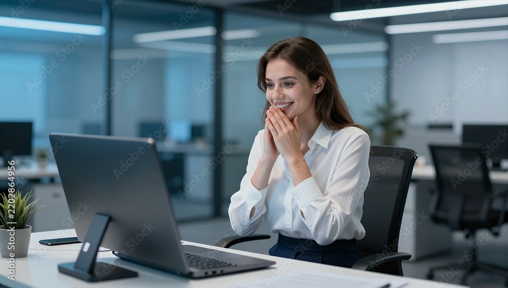 Fototapeta premium Happy Young Businesswoman Looking at Laptop Computer Screen with Joyful Expression in Modern Open Plan Office Setting with Soft Interior Lighting