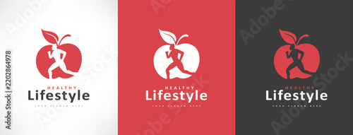 Man and apple logo. Healthy lifestyle. The man is running. Diet and weight loss concept. Red apple