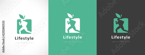 Man and apple logo. Healthy lifestyle. The man is running. Diet and weight loss concept. Red apple