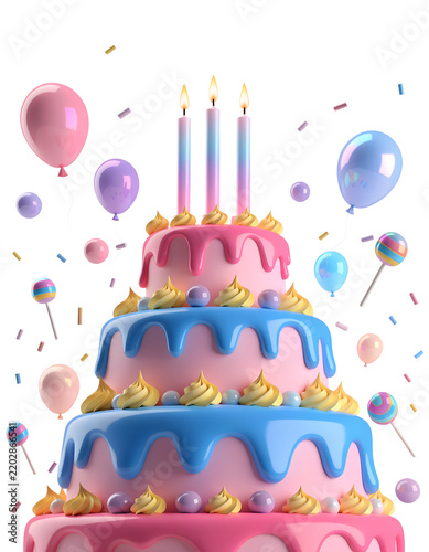 3D Birthday Cake Illustration with Pastel Balloons and Burning Candles PNG Transparent Background