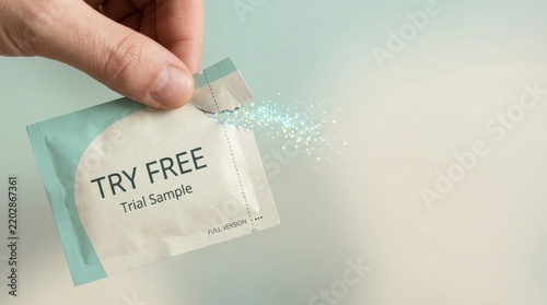 Person opening a sample sachet labeled try free to visualize startup free trial experience and customer engagement