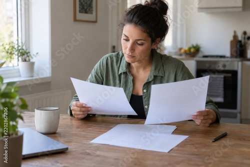 Woman Reviewing Rental Documents at Kitchen Table
