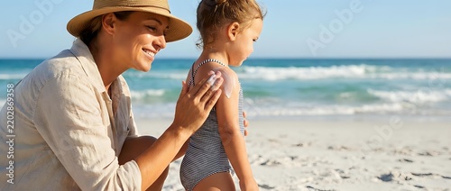 Father applying sunscreen to young sons shoulder at beach on sunny day for sun protection and skincare