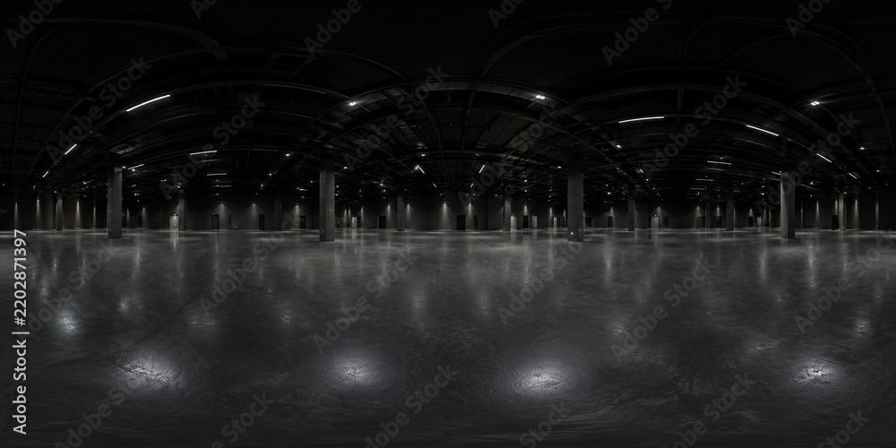 Obraz premium Empty dark exhibition hall 360 degree equirectangular panorama with polished concrete floor, columns and ceiling lights, spherical environment map for 3D rendering