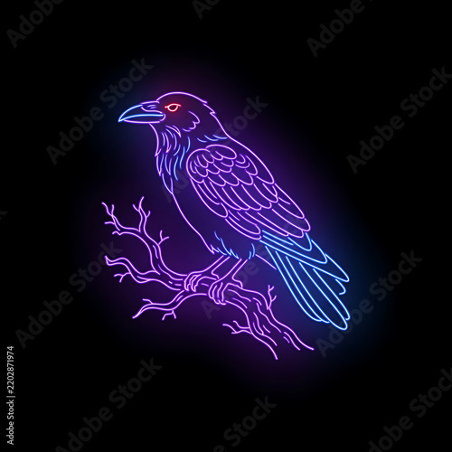 A single mysterious Halloween raven perched on a crooked branch