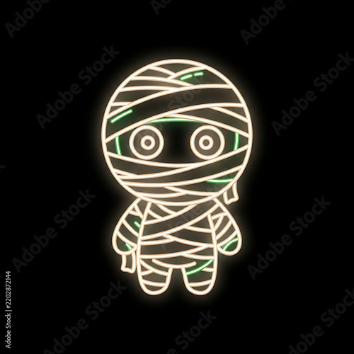A single cute mummy character drawn entirely with glowing neon line art