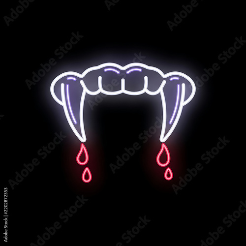A single pair of vampire fangs illustrated with luminous neon line art