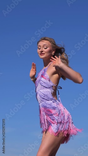 Vertical Attractive Tanned Woman Taking a Break from Everyday Life, Dancing and Relaxing Near the River
