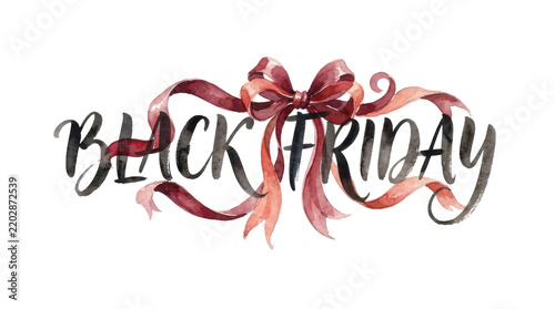 Black Friday Sale: The words Black Friday are artfully arranged with a flowing ribbon and bow, symbolizing a special offer or event.