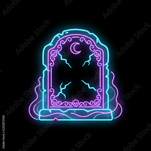 A single Halloween tombstone drawn entirely using glowing neon line art
