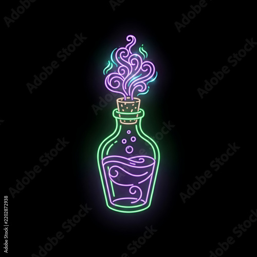 A single mysterious Halloween potion bottle drawn entirely with neon line art,