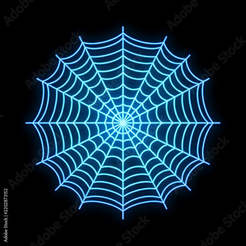 A single intricate Halloween spider web created entirely from luminous neon line art,
