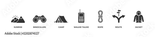 Outdoor Adventure and Camping Icons set vector illustration glyph with SUNRISE, BINOCULARS, CAMP, WALKIE TALKIE, ROPE, ROUTE, JACKET 