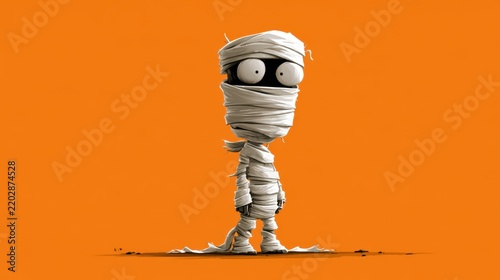Cute cartoon character wrapped in white cloth bandage costume standing on orange background Halloween decoration concept
