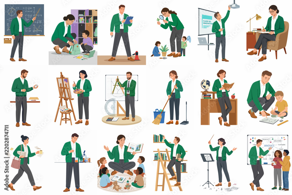 Fototapeta premium A Comprehensive Collection of Flat Vector Illustrations Featuring Diverse Teachers and Educators Engaged in Various Professional and Classroom Activities