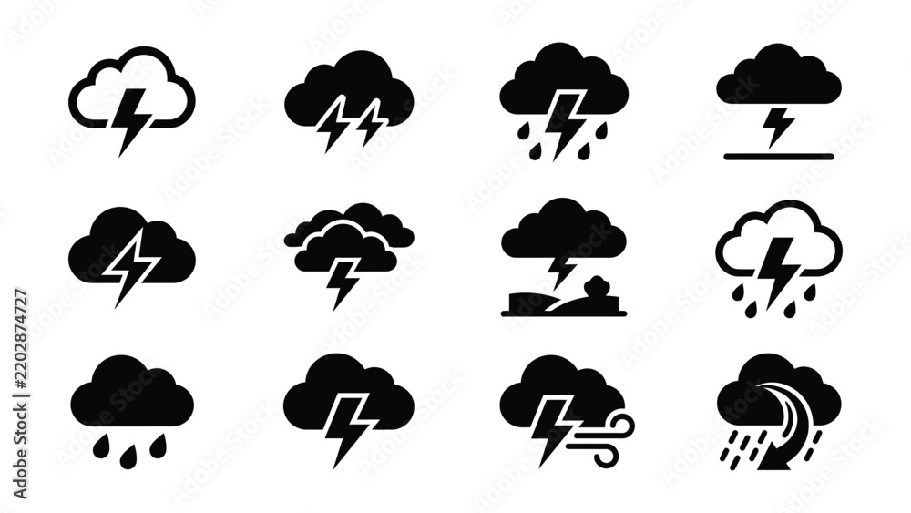 Obraz premium Set of weather icons showing different storm cloud and lightning variations