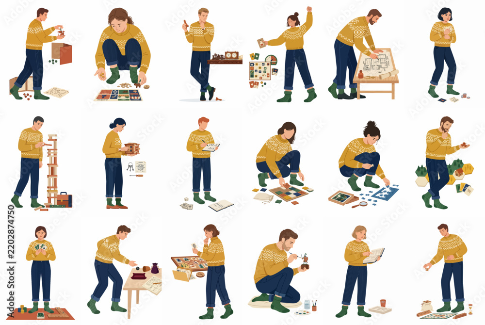 Fototapeta premium Flat illustration set of people in yellow sweaters engaged in various indoor hobbies, crafts, and puzzles on a white background.