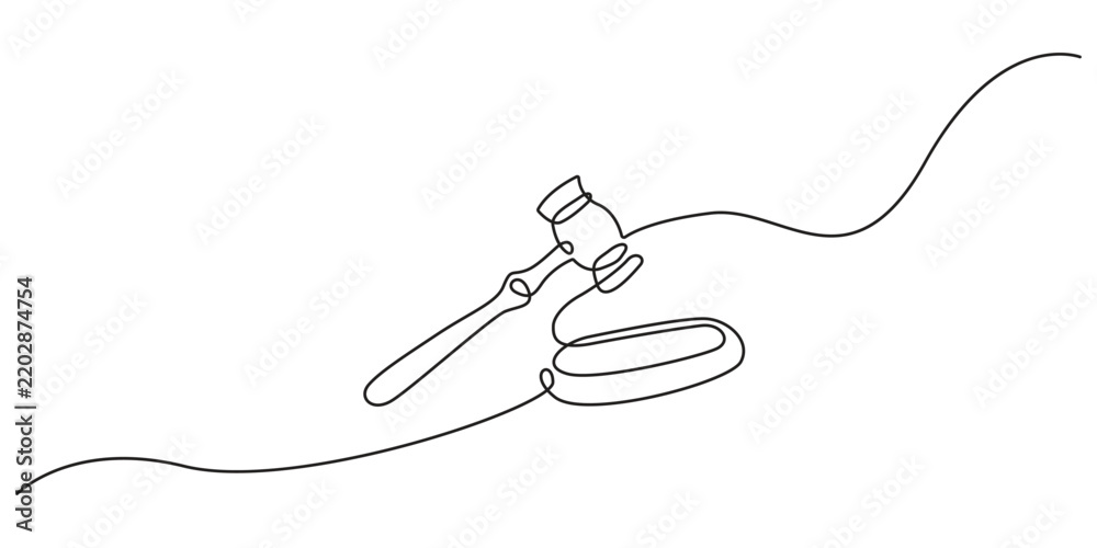 Obraz premium Gavel vector line art with legal justice and court concept. Minimalist continuous line drawing of a judge gavel for legal and court branding.