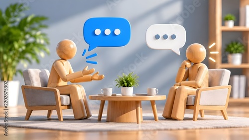 Two 3D wooden mannequins sitting in armchairs having a one-on-one business conversation with speech bubbles in a modern office